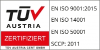 TÜV-Zertifizierung nach EN ISO 9001, 14001, 50001, SCCP